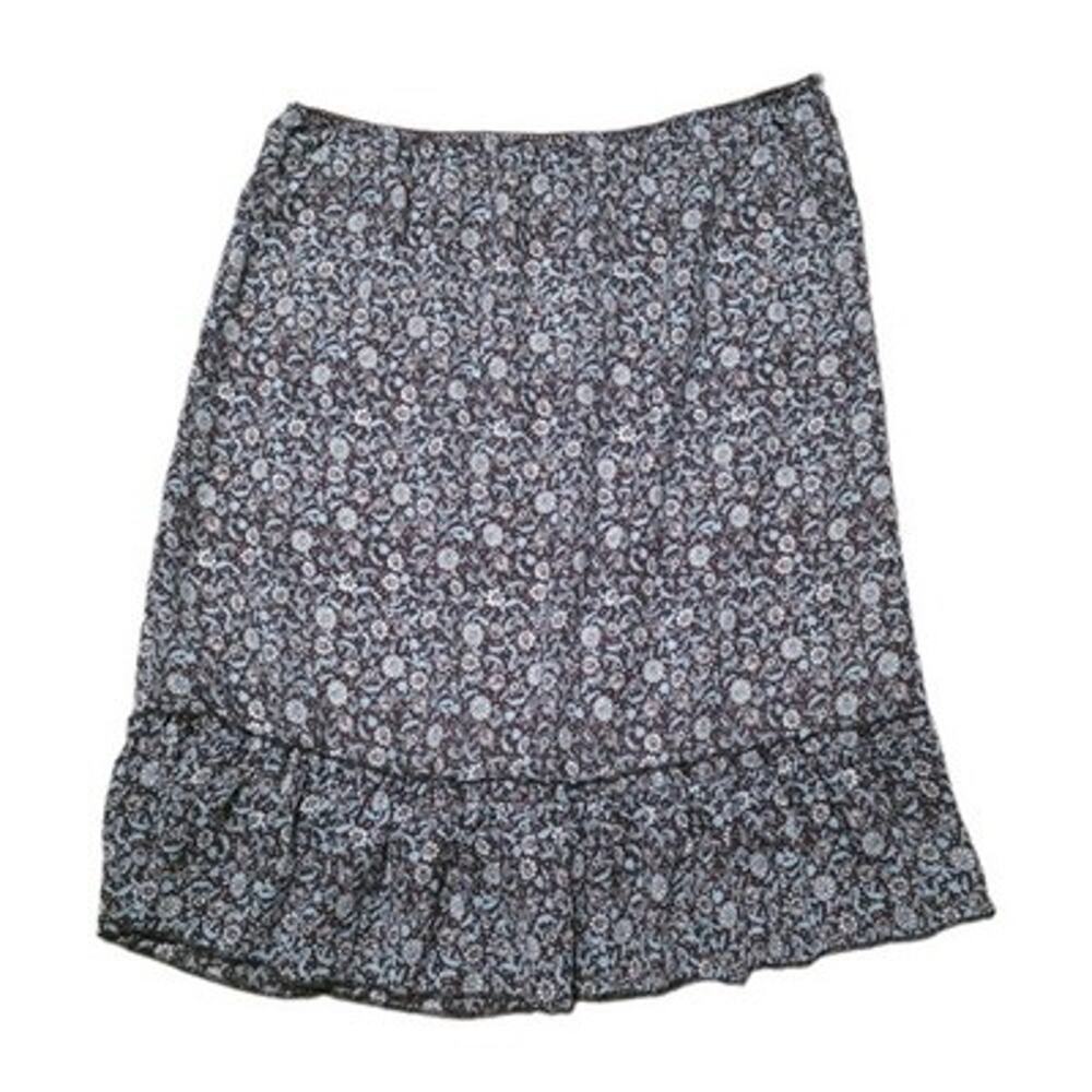 Y2K Floral Ruffle Midi Skirt Womens L Blue Brown Fairycore Preppy 2000s Vintage